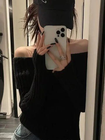 Getadme-Autumn Winter Solid Color Rib Knitted Off the Shoulder Pullover Sweater Sexy Women Full Sleeve Slim Stretch Knitwear Jumper